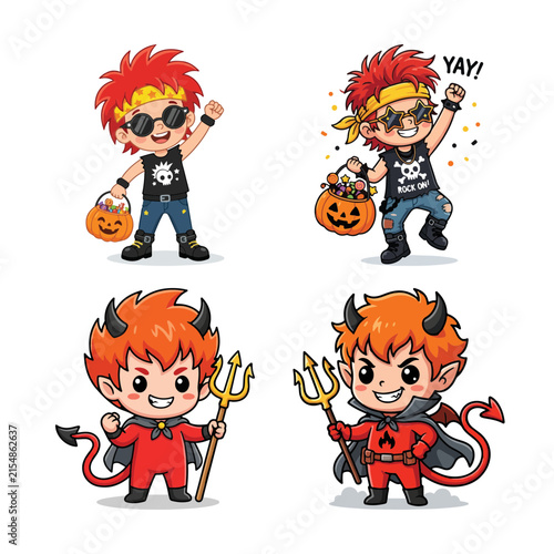 Cuadro en lienzo Adorable halloween characters featuring a punk rock kid and two cute little red