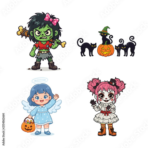 Cuadro en lienzo Adorable halloween kids dressed as a zombie witch angel and vampire for festive