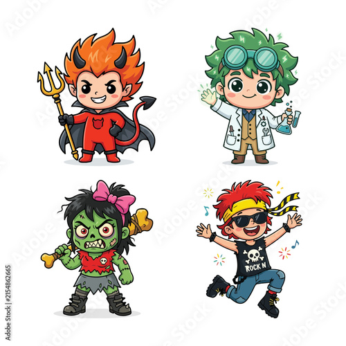 Fotografía Four adorable cartoon characters dressed as a devil scientist zombie and rocker