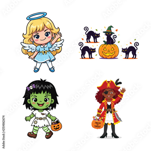 Cuadro en lienzo Cute cartoon illustrations of an angel witch monster and pirate for festive occa