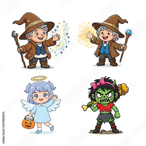 Fotografía Charming cartoon illustration of a wizard angel and zombie characters for hallow
