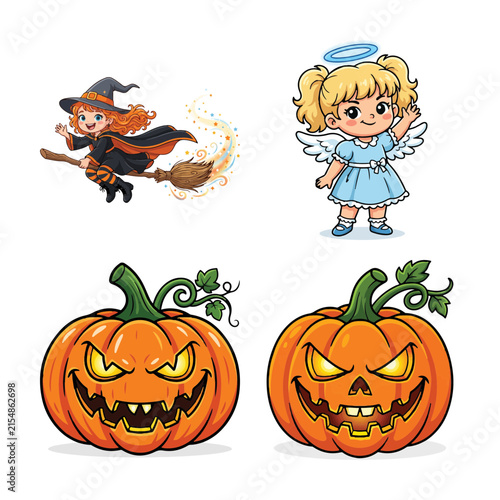 Cuadro en lienzo Charming halloween illustration featuring witch angel and two spooky jack o lant