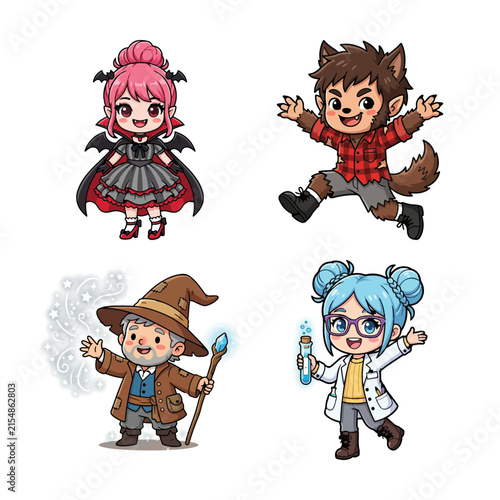 Cuadro en lienzo Charming cartoon illustrations of a vampire werewolf wizard and scientist charac