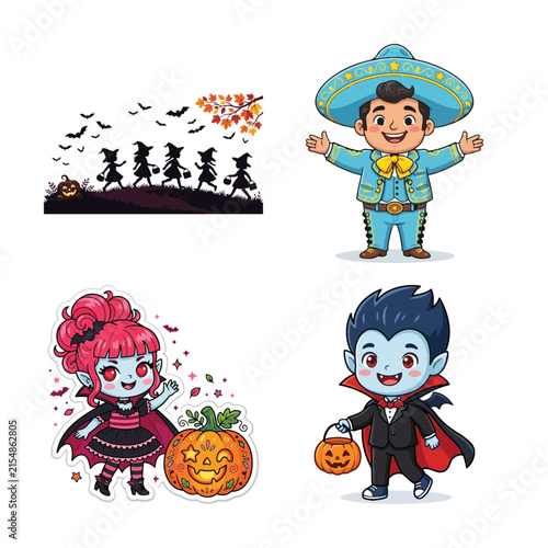 Fotografía A vibrant collection of festive halloween and cultural characters with pumpkins