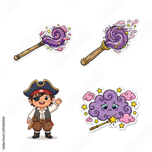 Fotografía Cute pirate character with magic wands and a sad rain cloud illustration set