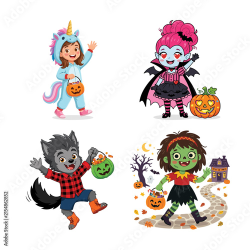 Cuadro en lienzo Cute children dressed in fun halloween costumes with pumpkins and a spooky autum