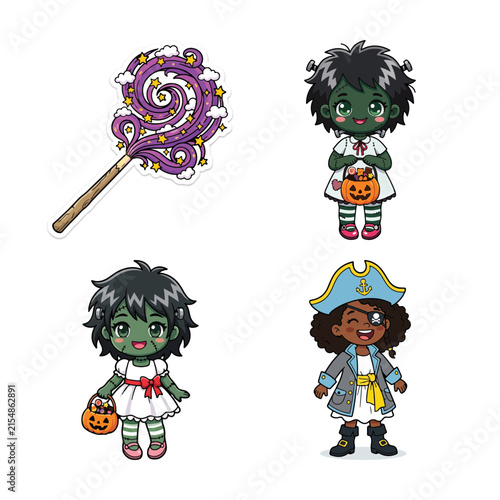 Cuadro en lienzo Charming halloween and costume characters set including a wand frankenstein zomb