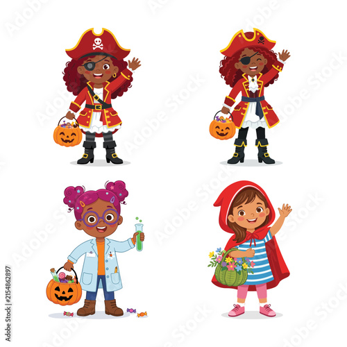 Fotografía Four happy diverse children dressed in fun halloween costumes wave while trick o