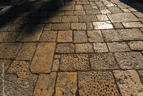 Weathered cobblestone pavement with reflective wet stones and long shadow across the surface