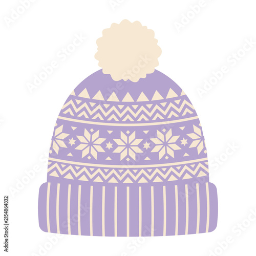 Purple Winter Knit Hat with Snowflake Pattern and Pom Pom on White