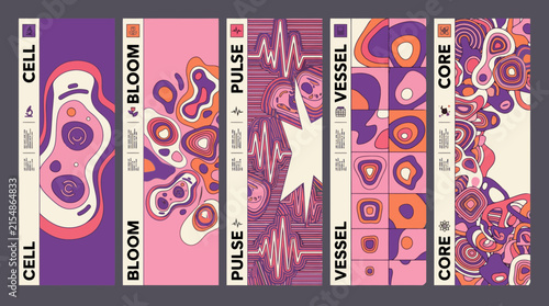 Abstract biology book covers set, pill logo design templates series, scientific vector labels with text, medical education packaging mockups