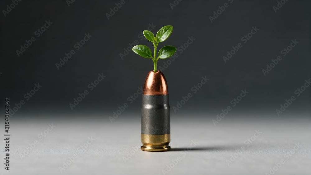Obraz premium Green plant sprout growing out of a metallic gun bullet casing representing peace and environmental sustainability in this dramatic studio shot with soft grey background