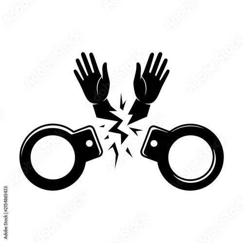 Black and White Vector Illustration of Handcuffs Breaking Apart