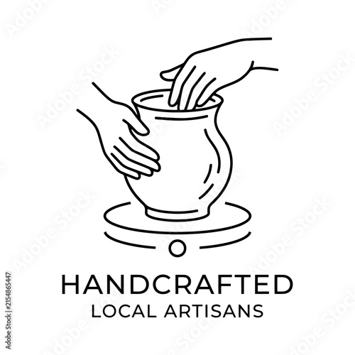 Minimalist pottery logo with hands shaping clay for handcrafted local artisans
