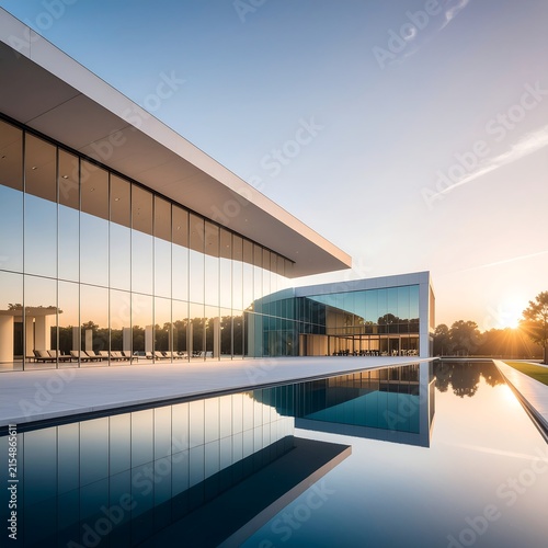 Modern architectural building with glass facade and sky reflection.