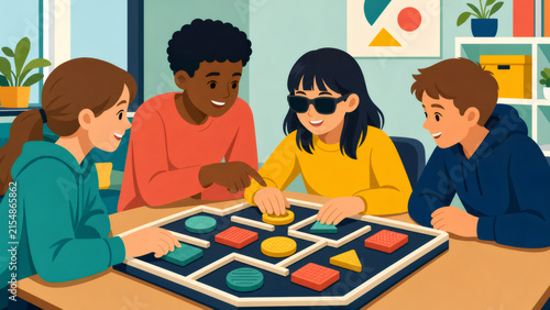 Children playing an adapted board game, friends creating an inclusive learning and play environment