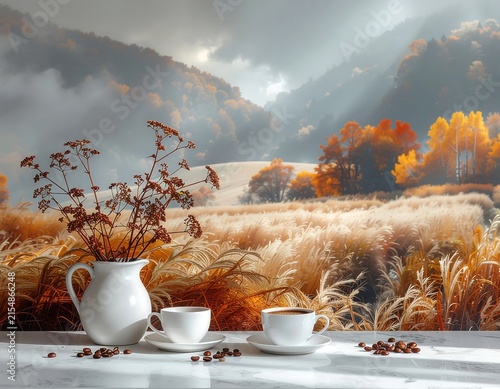 Autumn forest with deer and misty mountains.