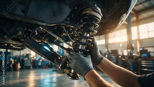 Professional auto mechanic performing detailed suspension maintenance using heavy steel shock absorber components inside a bright industrial workshop with natural sun lighting illuminating the workspa