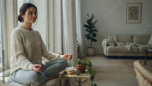 Young woman practicing yoga meditation in living room near window for mindfulness