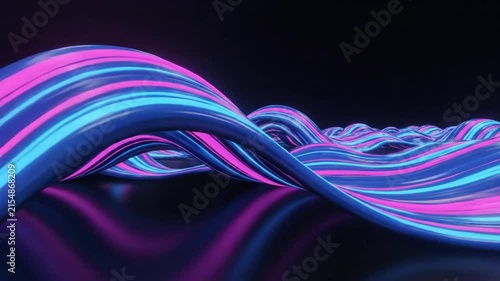 Abstract waves of light with neon colors flowing across a dark reflective surface creating futuristic digital art