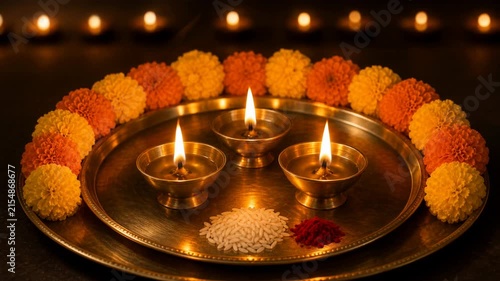 Bright brass diyas glowing with warm flames on a decorated tray