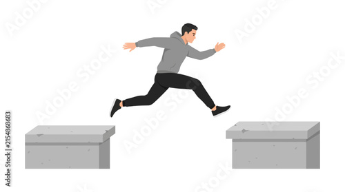 Obraz w ramie Male parkour runner jumping between urban obstacles in action 