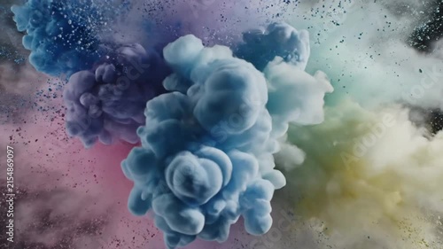 Colorful cloud explosion revealing powder particles in a vibrant and dynamic visual display against a dark background