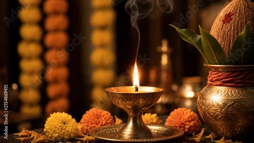 Traditional Hindu Diwali Puja Setup with Glowing Brass Diya