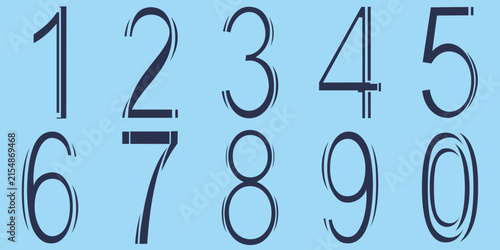 A set of imaginative number designs featuring line-cut art that slices through the objects; flat style, isolated on a blue background, vector.