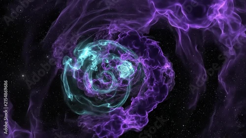 Abstract swirling cosmic nebulas of glowing teal and violet energy in the deep cosmos with a dark starlit background