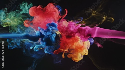 Abstract Colorful Smoke Diffusion Explosion on Dark Background, Artistic Fluid Motion of Colored Dye