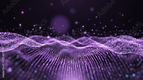 Abstract purple digital wave of shimmering particles floating in a futuristic science background