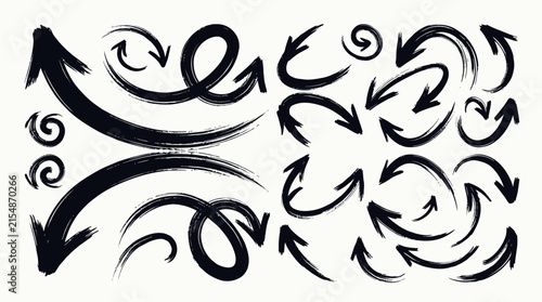 Dynamic swirling hand drawn arrow collection graphic.