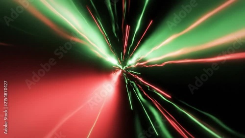 Abstract space tunnel travel with green and red light rays bursting forward in a dark void