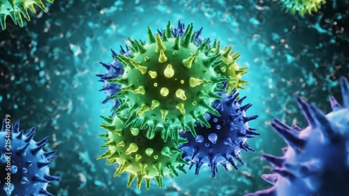 Microscopic view of viruses, showcasing a detailed and colorful representation of their spiky surface, suggesting illness and contagion