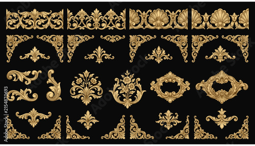 Set of vintage baroque gold ornaments, decorative elements for design, classic rococo style floral motifs, ornate scrollwork frames