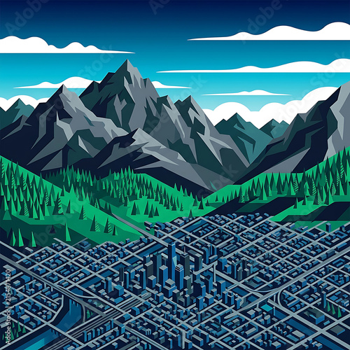 Urban A vibrant mountain and city isometric landscape illustration featuring tall skyscrapers nestled in a lush valley near rugged peaks