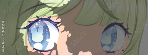 Close up anime style eyes with blue irises and soft green hair highlights