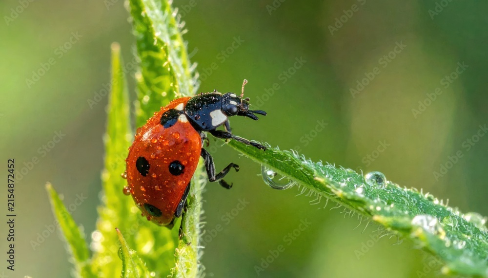 Fototapeta premium Red ladybug with morning dew drops on green leaf