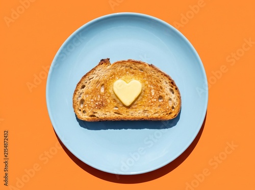 Toasted sourdough bread slice topped with yellow heart shaped butter pat sits on light blue plate against vibrant orange background for romantic breakfast idea.