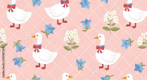 Charming seamless pattern featuring a white goose with a red bow and blue flowers on a pink background in a cute cottagecore style