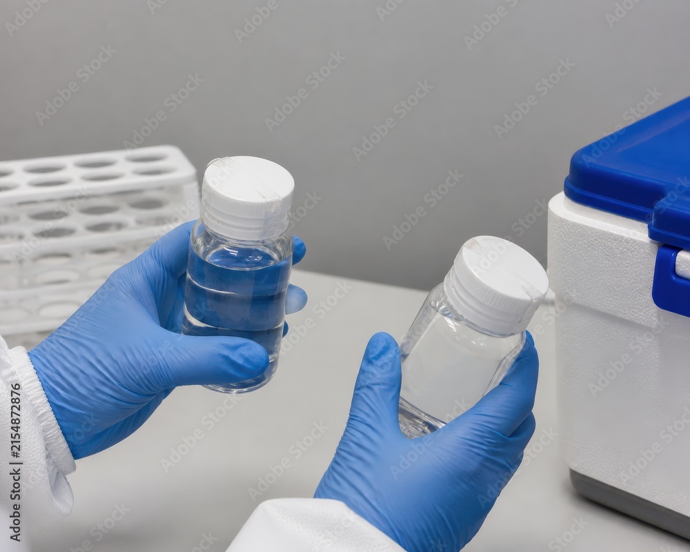 Fototapeta premium Dialysis Water Testing Laboratory Hands Inspect Sealed Samples