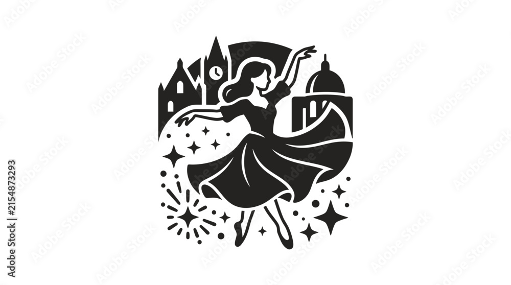 Fototapeta premium Female dancer performing in front of old city silhouette.