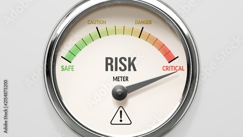 Risk - risk meter at maximum. High and rising values of risk. Meter needle reaching critical levels. Risk values off the charts. (No AI, made by humans for humans). ,3d illustration