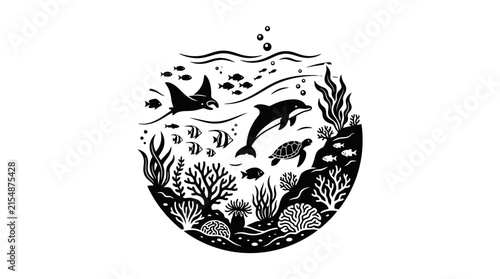 Circular marine life scene with dolphin reef.