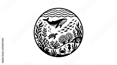 Circular marine life papercut silhouette featuring whale and turtle.