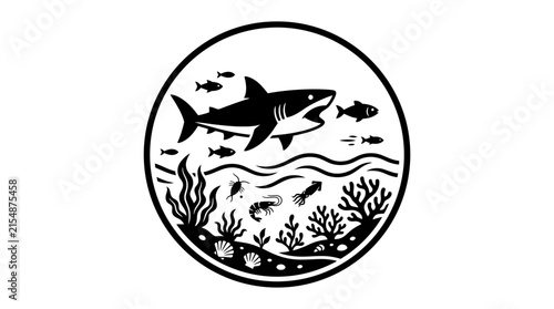 Circular marine life seal with shark and coral reef.