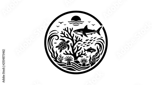 Circular marine life seal with shark and turtle.