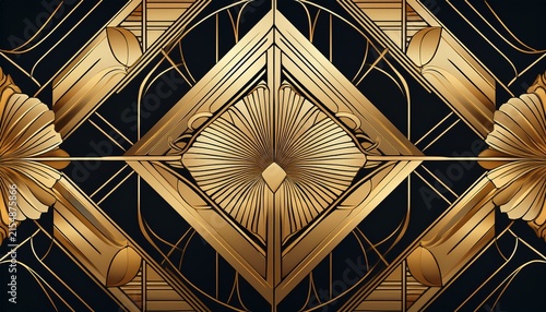 elegant art deco pattern featuring symmetrical golden geometric shapes and intricate decorative lines on a luxurious black background repeating retro opulent