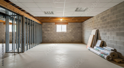 Empty unfinished basement room under construction featuring metal wall studs, concrete blocks, and building supplies